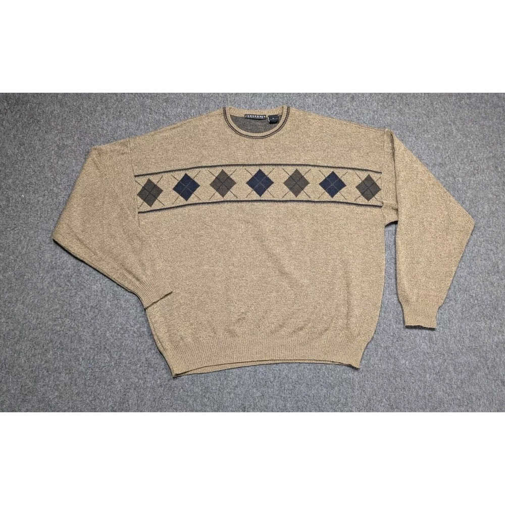 Vtg Sweater Mens Extra Large Tan Y2K Wool Blend Grandpa Argyle Retro Crewneck